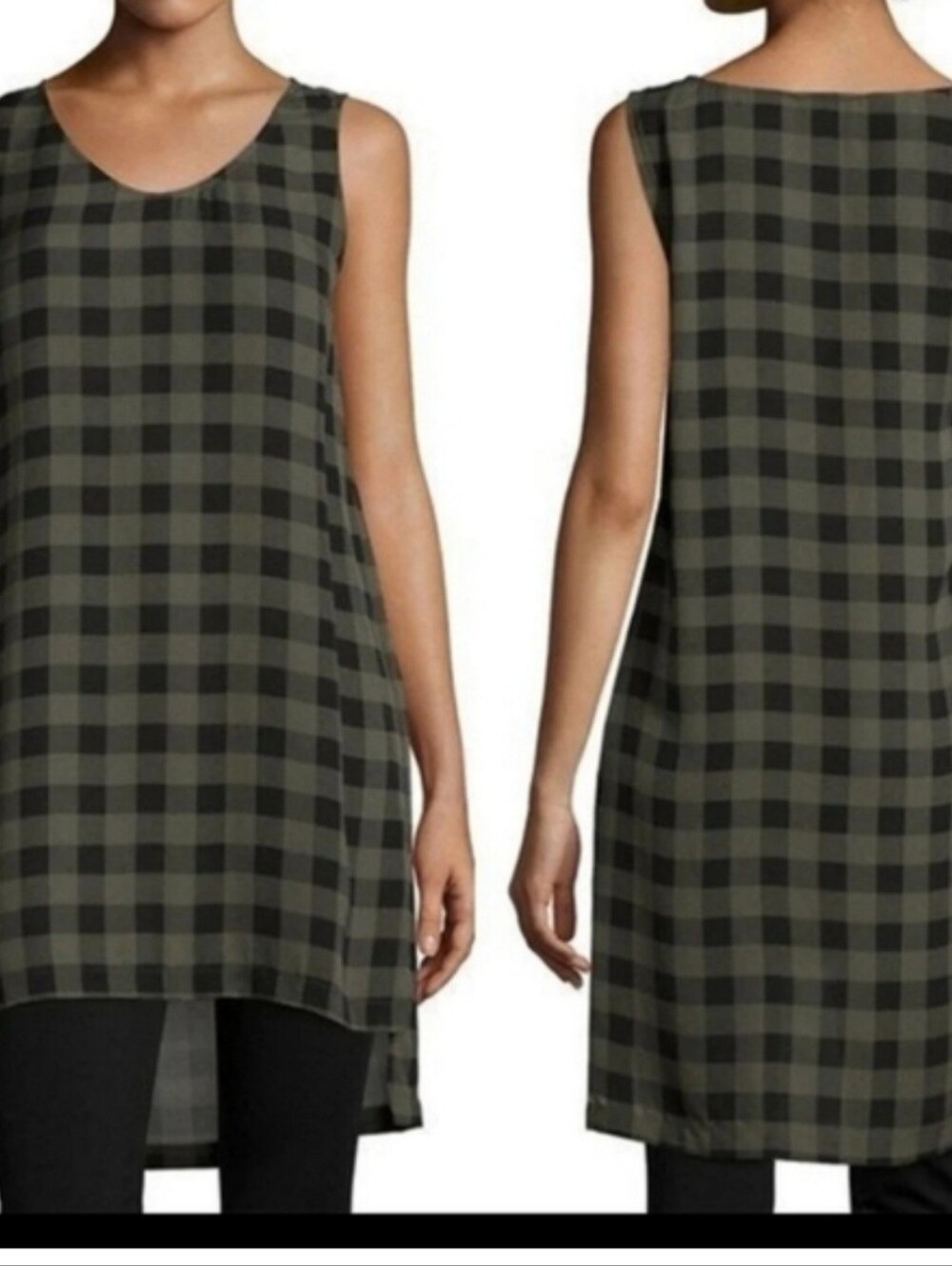 Eileen Fisher Silk Buffalo Plaid Tunic Dress Olive Green Black M